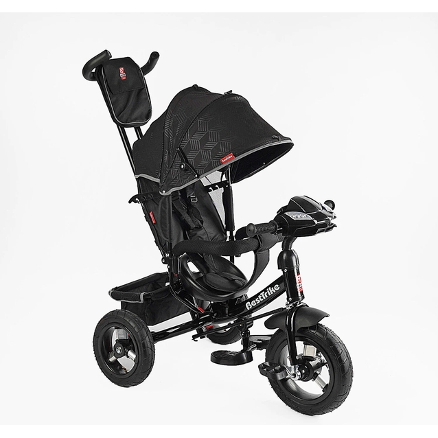 Дитячий велосипед 3-х колісний з батьківською ручкою, з дашком, надувні колеса Best Trike 3390/39-211 чорний, d=29см. переднє, d = 26см. задні, ФАРА З USB, пульт фото westvelo.com