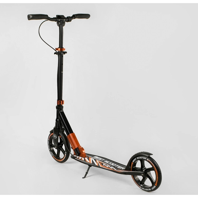 Самокат дитячий 2-х колісний, PU Best Scooter 79740 чорно-помаранчевий, колеса Ø230-200mm, AL, 1 амортизатор передній, ФАРА, затискач керма фото westvelo.com