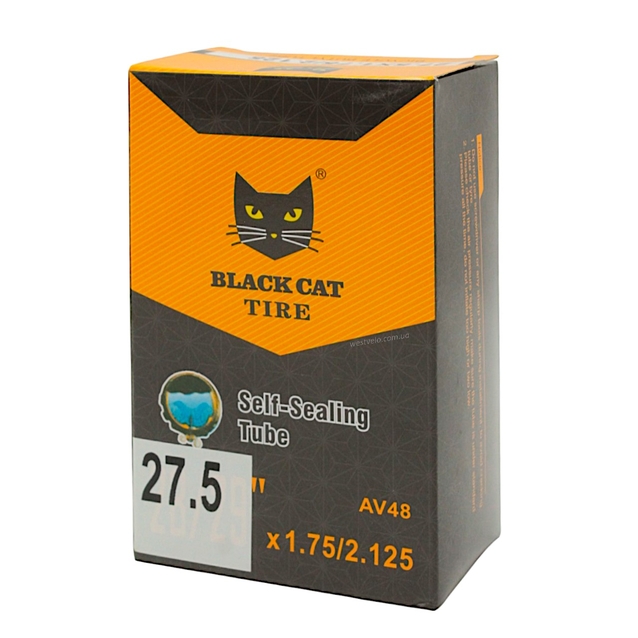 Камера 27.5. довгий ніпель AV 48mm BLACK CAT (1.75-2.125) самоклеюча (з антипрокольним гелем) фото westvelo.com