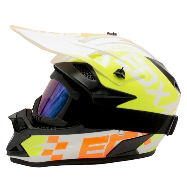 Шолом, закритий крос/ендуро (L) АТV EDX 020 біло-оранжевий глянець з дашком + окуляри фото westvelo.com