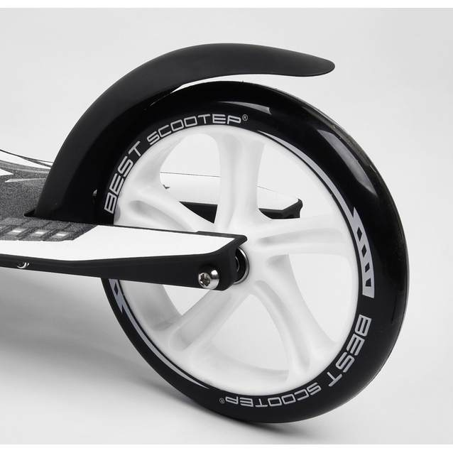 Самокат дитячий 2-х колісний, PU Best Scooter 75343 чорно-білий, колеса Ø230-200mm, AL, 1 амортизатор, широкий руль, зажим руля фото westvelo.com