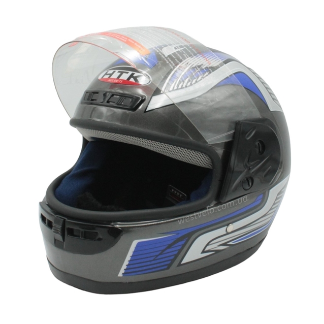Мото шолом, закритий HTK-221,інтеграл, сірий глянець з синьо-білим малюнком фото westvelo.com