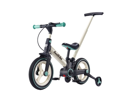 Велобіг-трансформер, 2-кол з батьківською ручкою, PU 12 BestTrike BT-61514, біло-бірюзовий, складний, з’ємні педалі, ручне гальмо, допоміжні бокові колеса