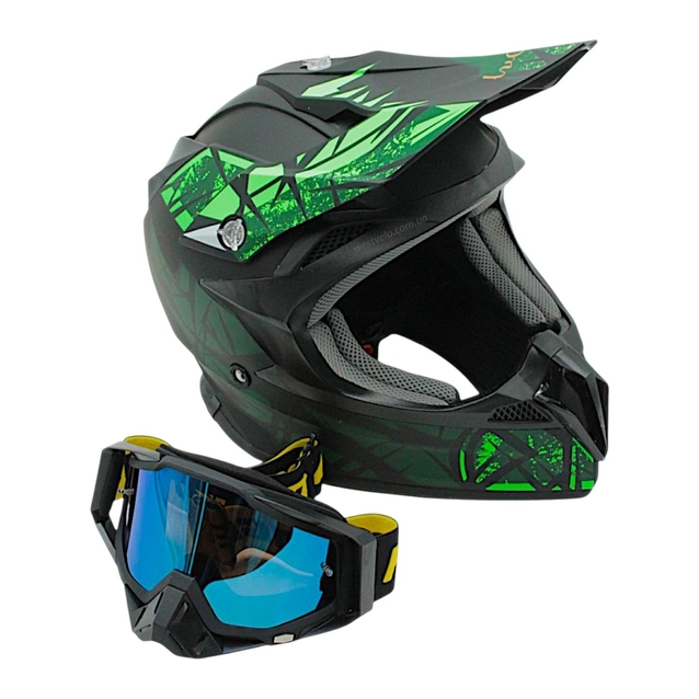 Шолом, закритий крос/ендуро (L ) (59-60) АТV Forsage Rider 027 чорно-салатовий матовий з дашком + окуляри (УЦІНКА-- Зламаний ніс) фото westvelo.com
