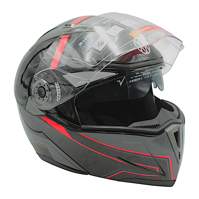 Мото шолом, трансформер (L) (59-60) VLAND 158 чорно-червоний глянець з відкидними окулярами фото westvelo.com