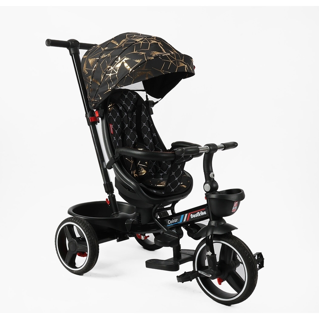 Дитячий велосипед 3-кол з батьківською ручкою, з даш, PU BestTrike «OSCAR» 6390/16-098 чорно-золотий, поворотне сидіння, складне кермо, кошик, телескопічна ручка фото westvelo.com