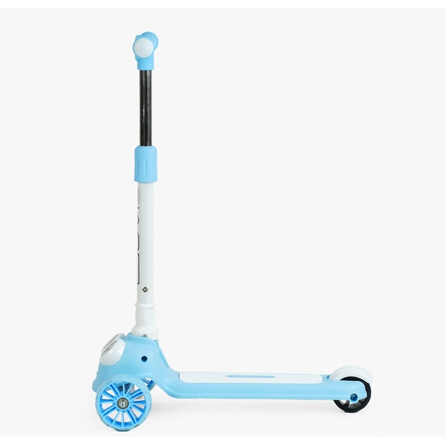 Самокат дитячий 3-х колісний, Skyper CL-9255 блакитно-білий, зі світлом, українське озвучування та підсвічування платформи, кермо складне фото westvelo.com