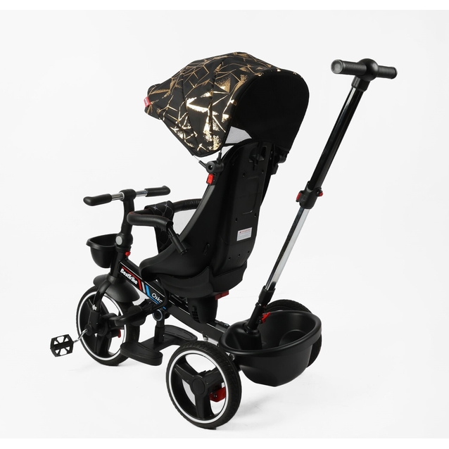 Дитячий велосипед 3-кол з батьківською ручкою, з даш, PU BestTrike «OSCAR» 6390/16-098 чорно-золотий, поворотне сидіння, складне кермо, кошик, телескопічна ручка фото westvelo.com