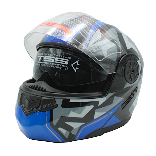Мото шолом, трансформер (L 59-60) BLD-159 чорно-синій глянець з відкидними окулярами фото westvelo.com