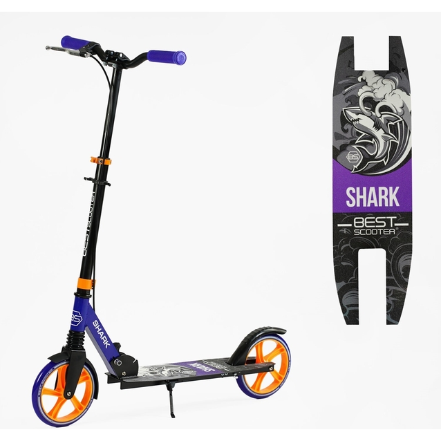 Самокат дитячий 2-х колісний, PU Best Scooter «SHARK» SH-10042 синьо-помаранчевий, Ø200mm, з ручним гальмом, затискач керма, 1 амортизатор фото westvelo.com