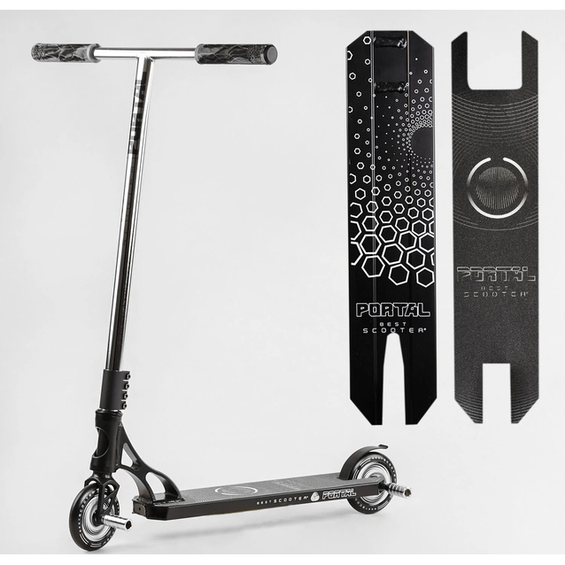 Самокат трюковий Best Scooter «PORTAL» PL-81855 чорно-срібний, HIC-система, пеги, AL диск та дека, колеса PU Ø120mm, ширина керма - 58 см фото westvelo.com