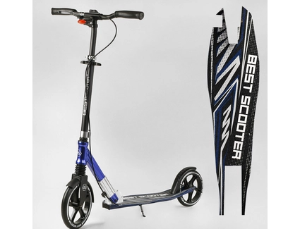 Самокат дитячий 2-х колісний, PU Best Scooter 49804 чорно-синій, колеса Ø230-200mm, AL, 1 амортизатор передній, ФАРА, затискач керма