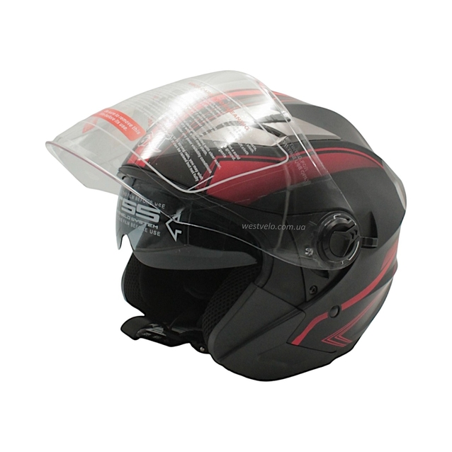 Мото шолом, відкритий (M) GXT "1001-1", чорний матовий з червоними вставками з відкидними окулярами фото westvelo.com