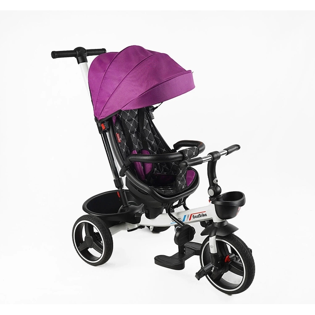 Дитячий велосипед 3-кол з батьківською ручкою, з даш, PU BestTrike «OSCAR» 6390/17-502 біло-фіолетовий, поворотне сидіння, кермо складне, кошик, телескопічна ручка фото westvelo.com