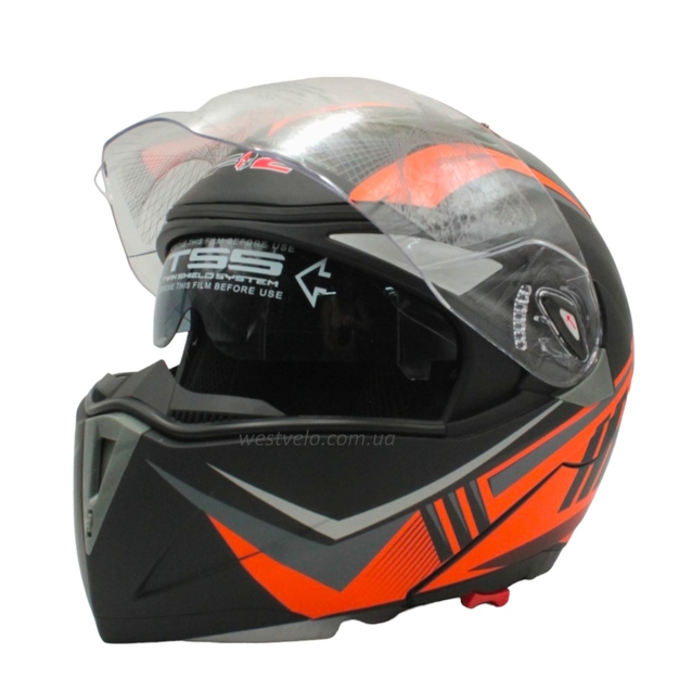 Мото шолом, трансформер (S 55-56) F2 158 Neon orange, чорний, матовий з відкидними окулярами фото westvelo.com