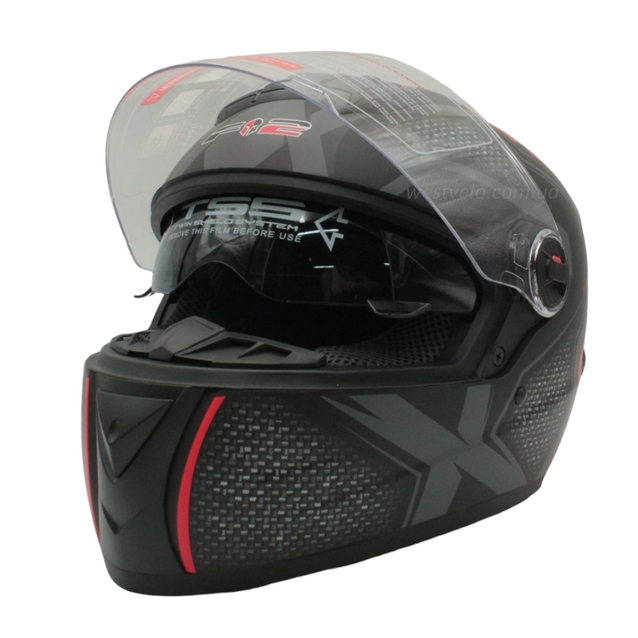 Мото шолом, закритий (S 55-56) F2 М61 чорно-червоний, матовий з відкидними окулярами фото westvelo.com