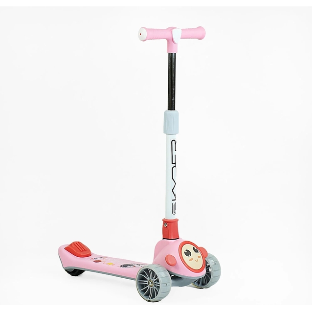 Самокат дитячий 3-х колісний, Skyper JW-62180 рожевий, зі світлом, українське озвучування, складне кермо, музика та підсвічування платформи фото westvelo.com