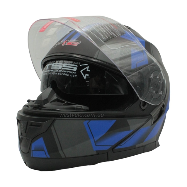 Мото шолом, трансформер (S 55-56) F2 162 чорно-синій, матовий з відкидними окулярами фото westvelo.com