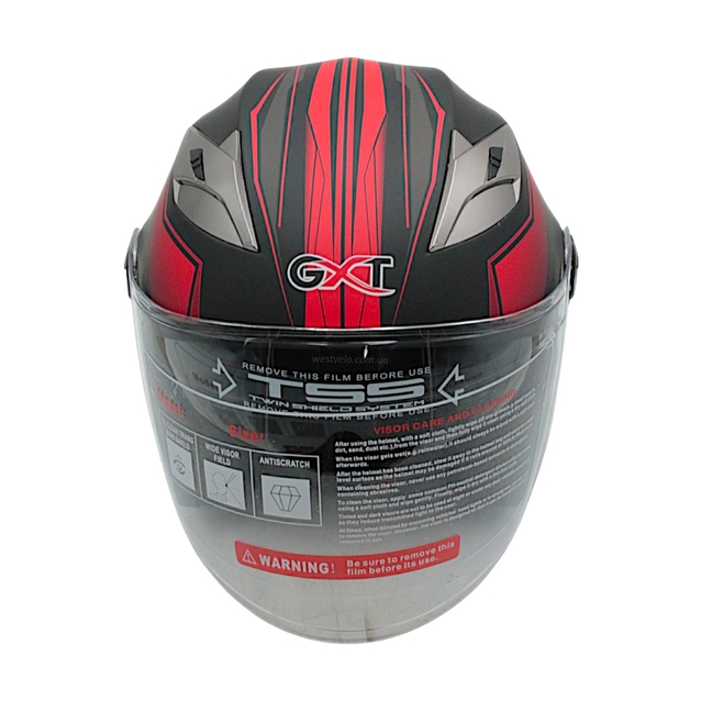 Мото шолом, відкритий (M 57-58) GXT "1001-5", чорний матовий з червоними вставками з відкидними окулярами фото westvelo.com