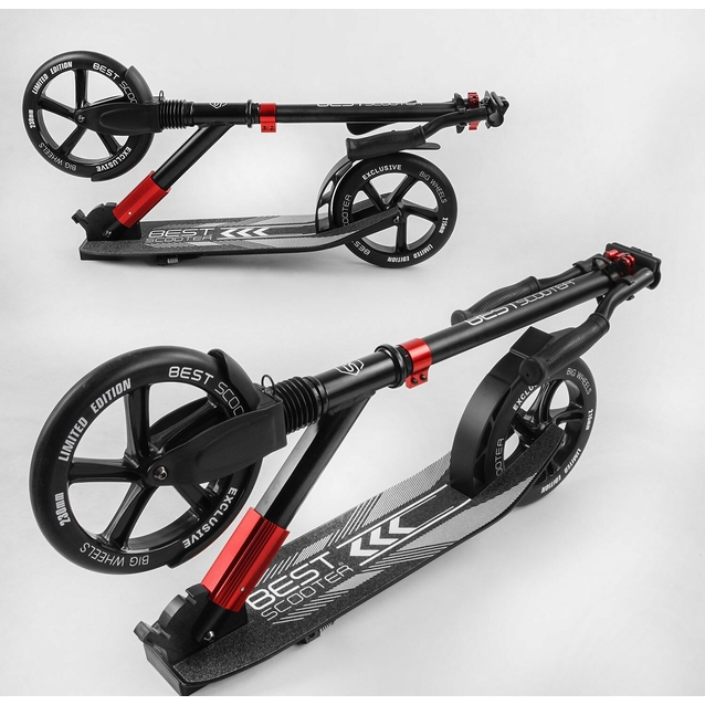 Самокат дитячий 2-х колісний, PU Best Scooter 11391 чорно-червоний, колеса Ø230-215mm, AL, 1 амортизатор передній фото westvelo.com