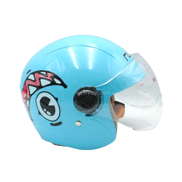 Мото шолом дитячий, відкритий RUITO Т68, блакитний з червоно-біло-чорним малюнком, фото westvelo.com