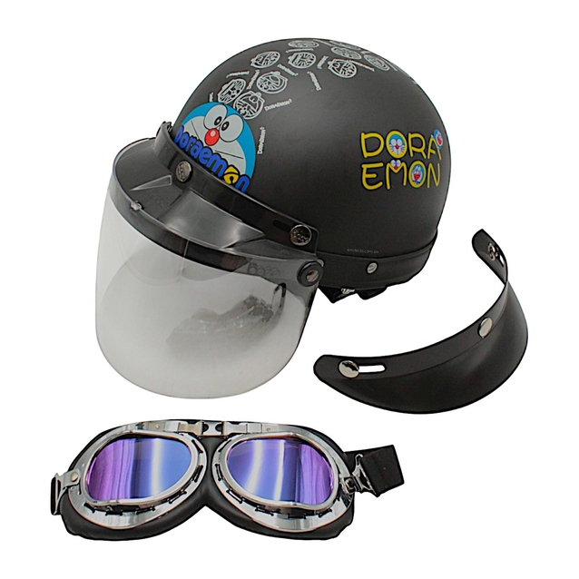 Мото шолом дитячий, відкритий Mototech Doraemon, чорний матовий з козирком + окуляри фото westvelo.com