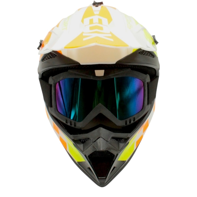 Шолом, закритий крос/ендуро (L) АТV EDX 020 біло-оранжевий глянець з дашком + окуляри фото westvelo.com
