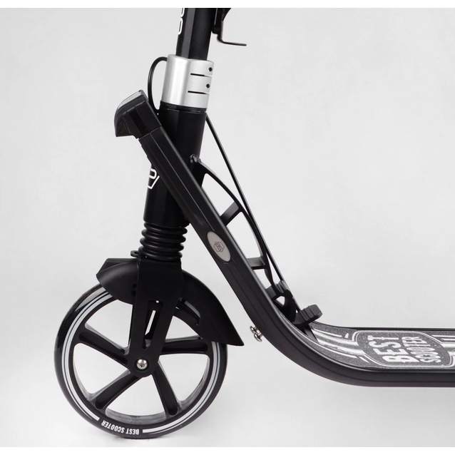 Самокат дитячий 2-х колісний, PU Best Scooter L-36375 чорний, Ø200mm, ФАРА, 2 амортизатори, затискач керма, ручне гальмо фото westvelo.com