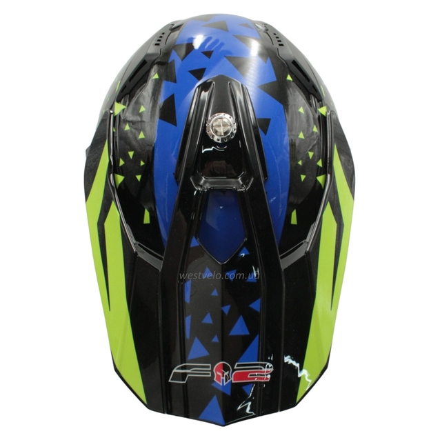 Шолом, закритий крос/ендуро (S 55-56) АТV зі склом F2 (819-7) глянець чорний з синьо-жовто-помаранчевий фото westvelo.com