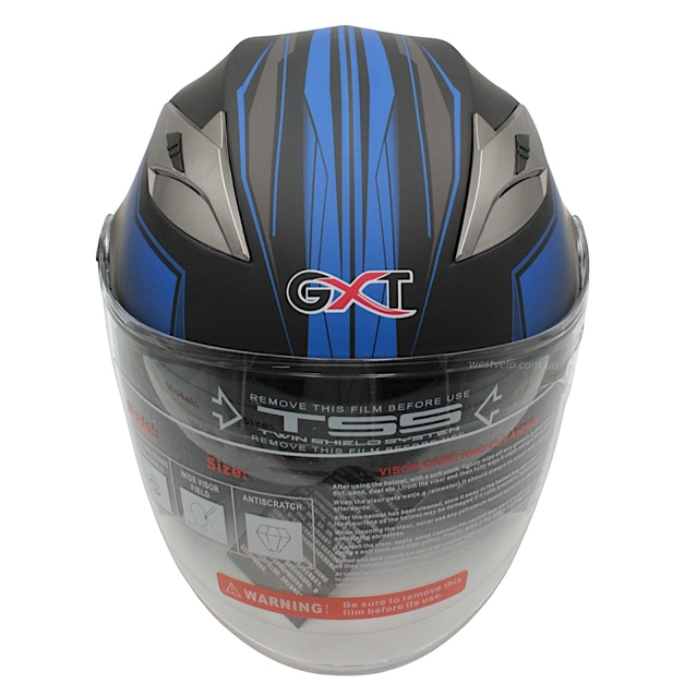 Мото шолом, відкритий (M) GXT "1001-1", чорний матовий з синіми вставками з відкидними окулярами фото westvelo.com