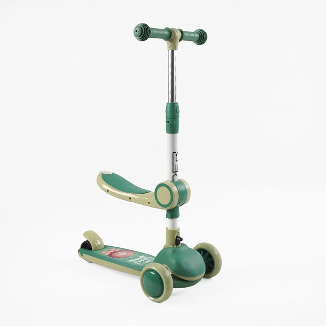 Самокат 2в1 Skyper JT-31622 колеса PU Ø114mm/35mm зі світлом, сидіння, музика та підсвічування платформи, кермо складне, зелений фото westvelo.com