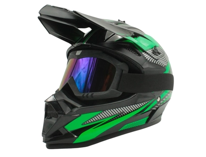 Шолом, закритий крос/ендуро (М) DOT/АТV EDX 025 чорно-зелений глянець з дашком + окуляри