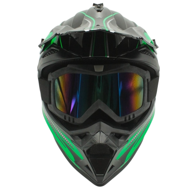 Шолом, закритий крос/ендуро (S) DOT/АТV EDX 025 чорно-зелений глянець з дашком + окуляри фото westvelo.com