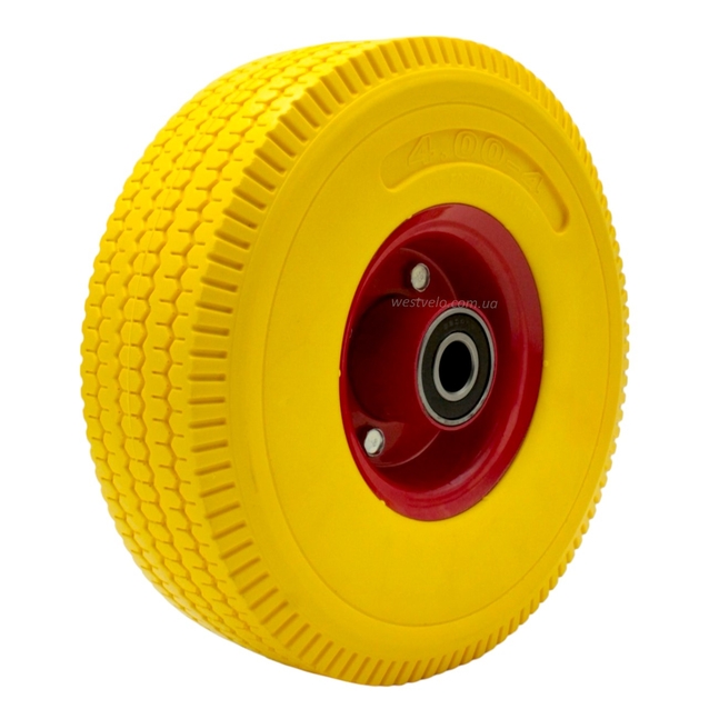 Колесо тачки жовте "4" 4.00-4 під вісь Ø20, пінополіуретанове. (Тип 2) фото westvelo.com