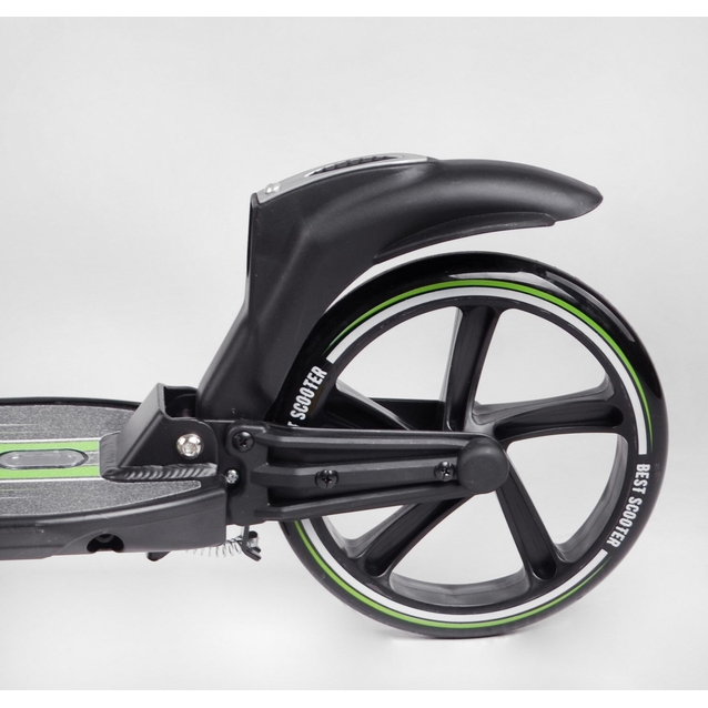 Самокат дитячий 2-х колісний, PU Best Scooter  L-22066 чорно-салатовий, Ø200mm, ФАРА, 2 амортизатори, затискач керма, ручне гальмо