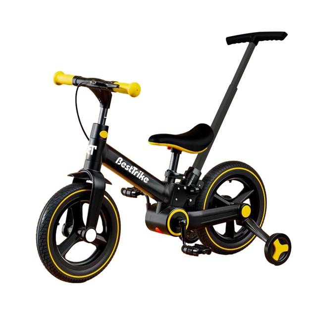 Велобіг-трансформер, 2-кол з батьківською ручкою, PU 12 BestTrike BT-72033, чорно-жовтий, складний, з’ємні педалі, ручне гальмо, допоміжні бокові колеса фото westvelo.com