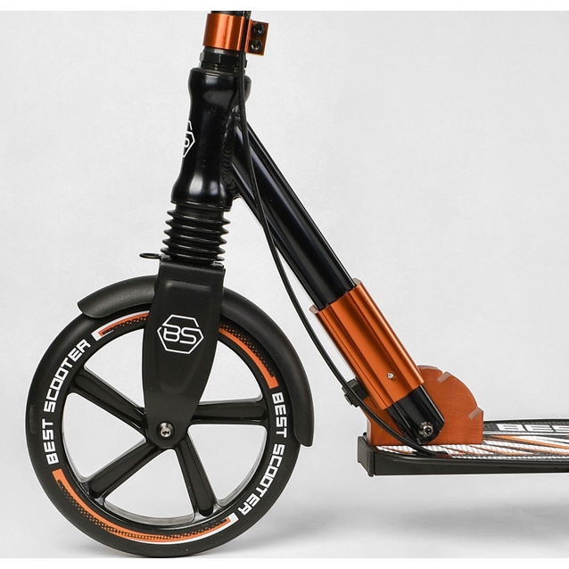 Самокат дитячий 2-х колісний, PU Best Scooter 79740 чорно-помаранчевий, колеса Ø230-200mm, AL, 1 амортизатор передній, ФАРА, затискач керма фото westvelo.com