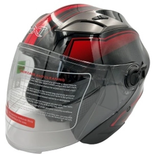 Мото шолом, відкритий (M) GXT "1001-1", чорний глянцевий з червоними вставками з відкидними окулярами