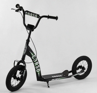 Самокат дитячий 2-х колісний, надувні колеса 12 Corso CR-T 0070 чорно-салатовий, ручне переднє гальмо