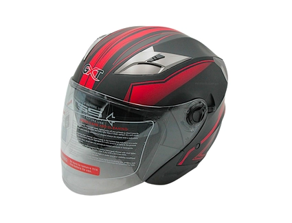 Мото шолом, відкритий (M) GXT "1001-5", чорний матовий з червоними вставками з відкидними окулярами (57-58)