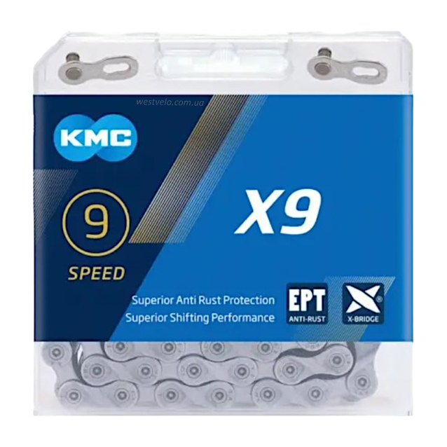 Ланцюг спорт 9 передач KMC X9 нікель, ЕРТ (1/2Х11/128Х116L) пластик + замок фото westvelo.com