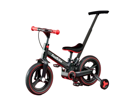 Велобіг-трансформер, 2-х колісний, з батьківською ручкою, PU 12  Best Trike BT-84119 чорно-червоний, складний, батьківська ручка, з’ємні педалі, ручне гальмо, допоміжні бокові колеса