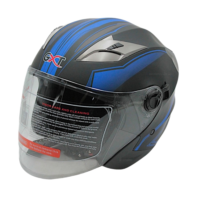 Мото шолом, відкритий (M) GXT "1001-4", чорний матовий з синіми вставками з відкидними окулярами (57-58) фото westvelo.com
