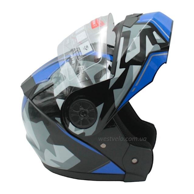 Мото шолом, трансформер (S 55-56) BLD-159 чорний глянець синьо-сірим малюнком з відкидними окулярами фото westvelo.com