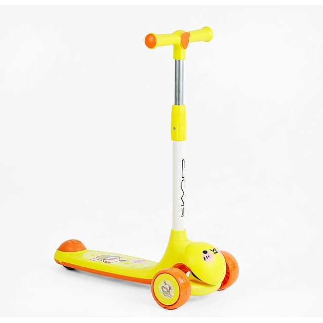 Самокат дитячий 3-х колісний, Skyper LH-11603 жовто-помаранчевий, колеса PU Ø112mm зі світлом, музика та підсвічування платформи, кермо з`ємне фото westvelo.com