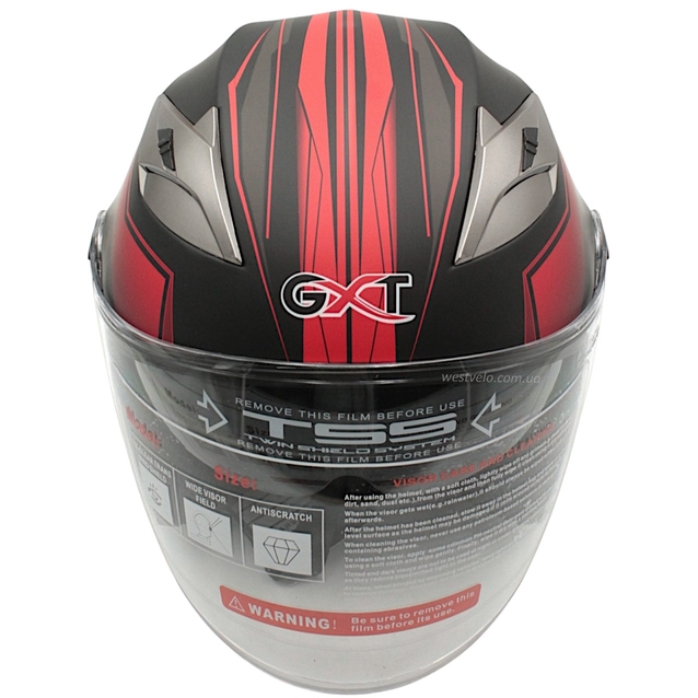 Мото шолом, відкритий (M) GXT "1001-1", чорний матовий з червоними вставками з відкидними окулярами фото westvelo.com