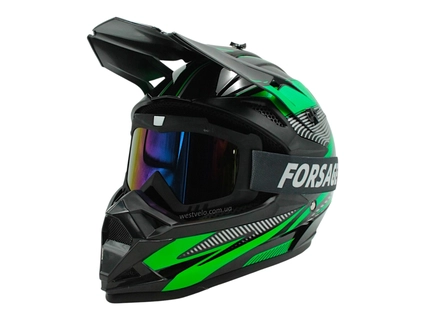 Шолом, закритий крос/ендуро (L) DOT/АТV EDX 025 чорно-зелений глянець з дашком + окуляри