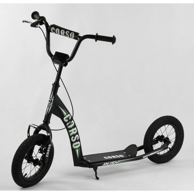 Самокат дитячий 2-х колісний, надувні колеса 12 Corso CR-T 0070 чорно-салатовий, ручне переднє гальмо фото westvelo.com