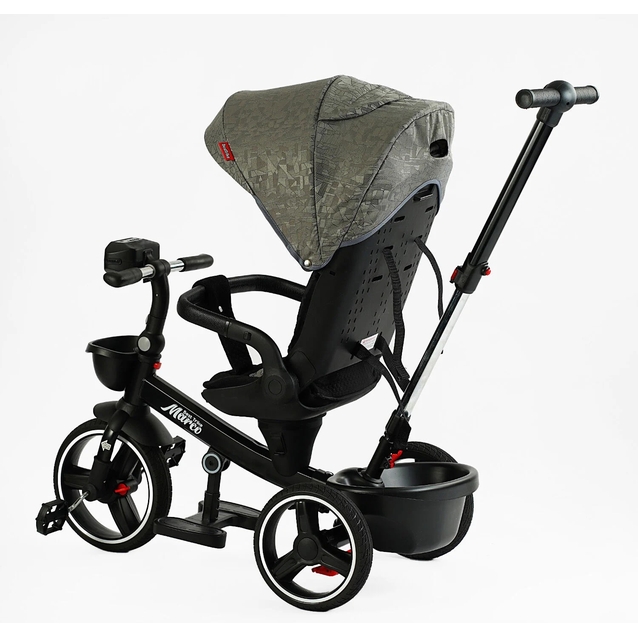 Дитячий велосипед 3-кол з батьківською ручкою, з даш, PU BestTrike «MARCO» 9155/318-82 чорно-сірий, поворотне сидіння, складне кермо, кошик, телескопічна ручка, фара музична фото westvelo.com