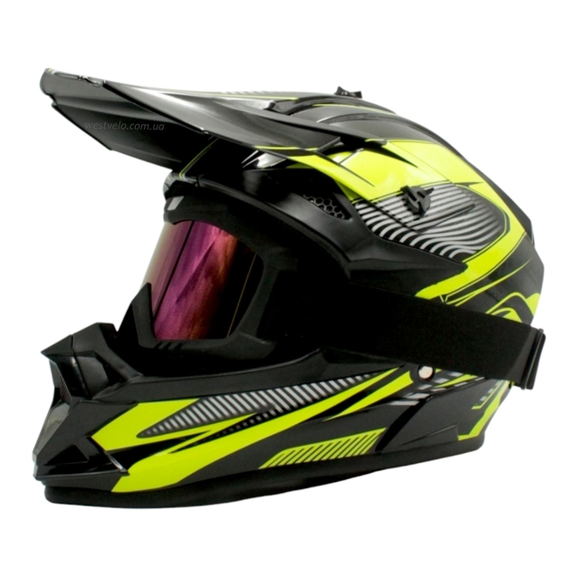 Шолом, закритий крос/ендуро (М) DOT/АТV EDX 024 чорно-жовтий глянець з дашком + окуляри фото westvelo.com